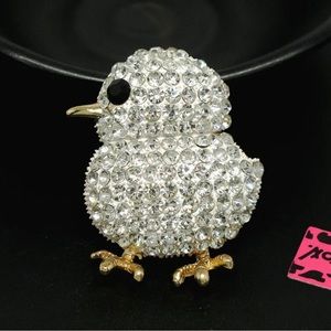 Betsey Johnson White Crystal Chicken Brooch or Necklace.